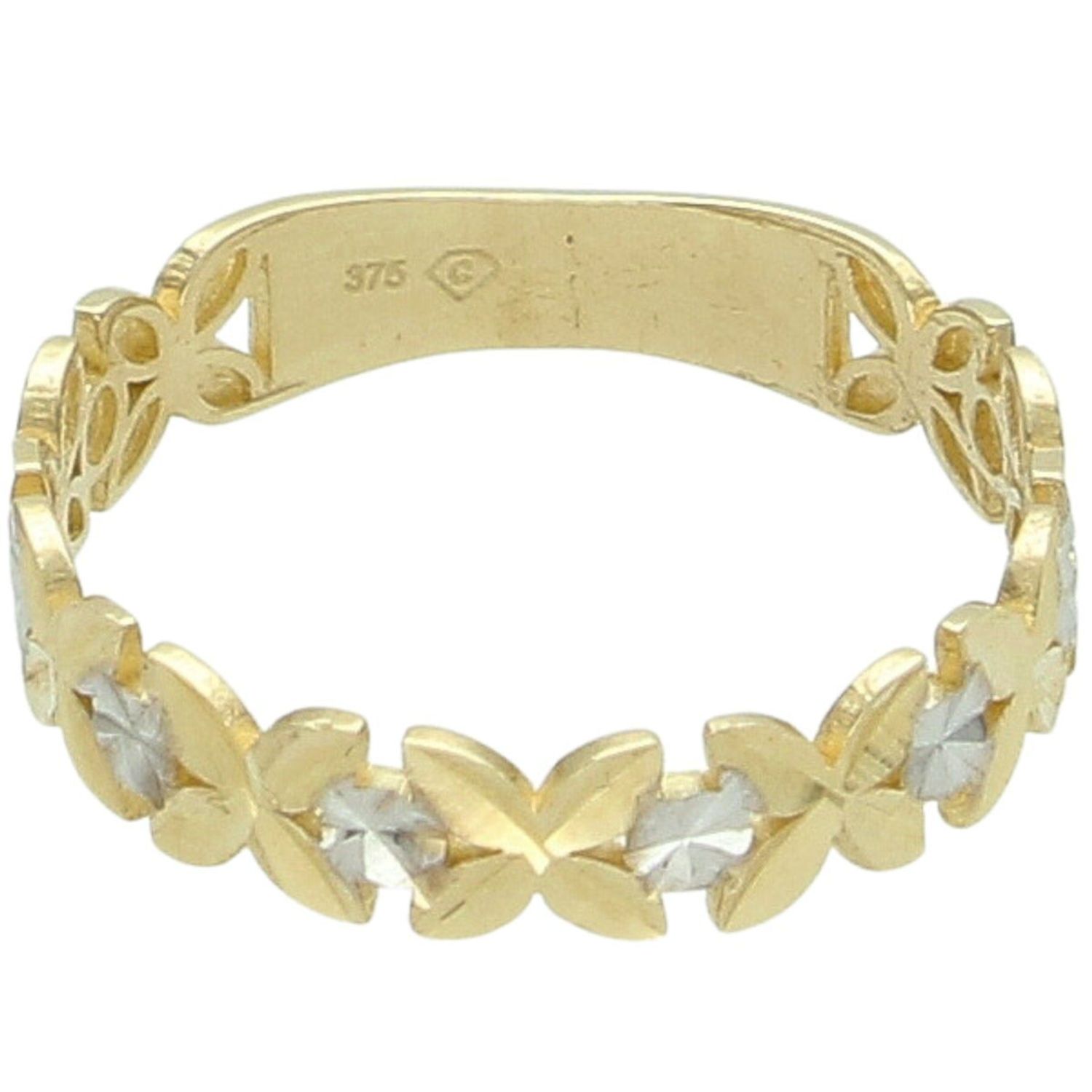 Złoty Pierścionek Damski 375 – Białe i Żółte Złoto, Motyw Kwiatów, Diamentowana Powierzchnia Au 375.jpg